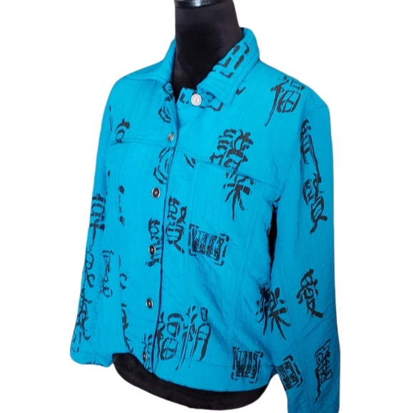 Chico's Blue Asian Symbols Inspired Button Down Jacket Size Medium - Picture 2 of 7